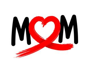 Mom letters with abstract heart ribbon made from brush stroke. Hand draw brush style, icon design. Illustration isolated on white background. Love mom concept. Happy mother's day