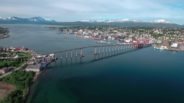 Bridge of city Tromso, Norway Aerial footage