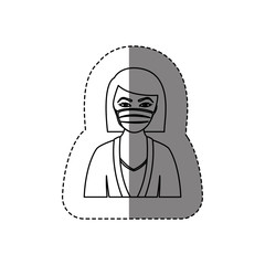 monochrome contour sticker with half body of nurse with mouth cap vector illustration