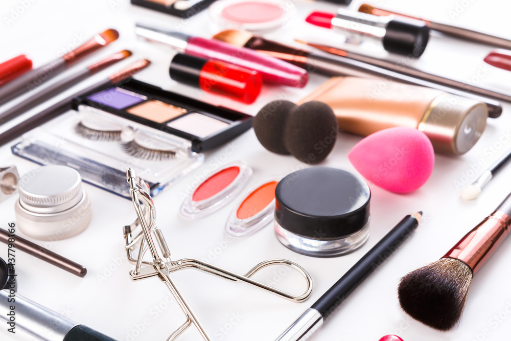 Poster makeup cosmetics tools and essentials, flat lay on white background