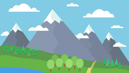 Obraz premium Ścieżka do gór, zielony krajobraz, wzgórza, jezioro, drzewa, błękitne niebo z chmurami, śnieg - wektor