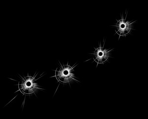 Vector Transparent Broken Glass Window with Four Bullet Holes Close up Isolated on Dark Black Background