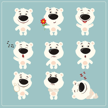 Funny little polar bear set in different poses. Collection isolated polar bear in cartoon style.