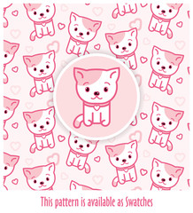 Pink pattern with kitties drawn in kawaii style (with vector-applied swatch)