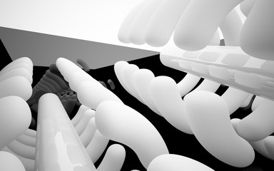 Abstract black interior with glossy white sculpture. 3D illustration and 3D rendering