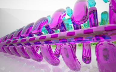 abstract architectural interior with colored smooth glass sculpture . 3D illustration and rendering