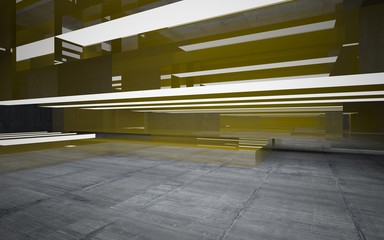 Empty abstract concrete room interior with gold sculpture. 3D illustration. 3D rendering