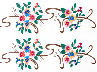 Handmade embroidery colors of yarn woven canvas, creative work.Flat-view light background.