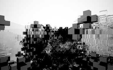 abstract architectural interior with black geometric sculpture. 3D illustration. 3D rendering