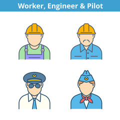Occupations colorful avatar set: pilot, stewardess, engineer, worker. Flat line professions userpic collection. Vector color thin outline icons for profiles, web, social networks and infographics.