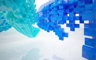 abstract architectural interior with blue geometric sculpture. 3D illustration. 3D rendering
