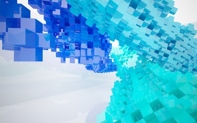 abstract architectural interior with blue geometric sculpture. 3D illustration. 3D rendering