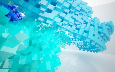 abstract architectural interior with blue geometric sculpture. 3D illustration. 3D rendering