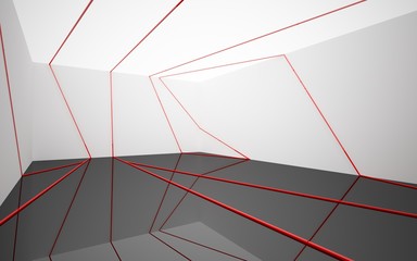 Abstract black interior with red  lines. 3D illustration and rendering