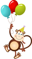 Obraz na płótnie Canvas Birthday monkey flying with balloons 
