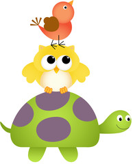 Happy turtle with owl and bird