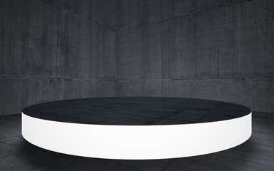 Stand by your object, standing in a dark concrete room and illuminated . 3D illustration. 3D rendering