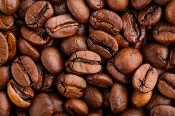 roasted coffee beans isolated in white background. Roasted coffee beans background close up. Coffee beans pile from top on white background with copy space for text. Good morning.
