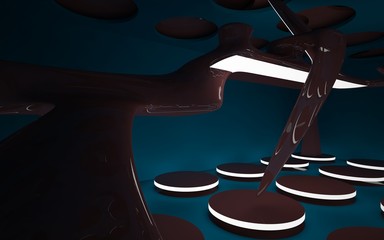 Abstract interior of the future in a minimalist style with brown sculpture. Night view from the backligh. Architectural background. 3D illustration and rendering