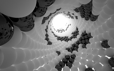 The structure of the black and white spheres. DNA. 3D illustration. 3D rendering 