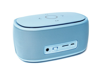 Fototapeta premium Portable mini blue tooth loudspeaker isolated on a white background.