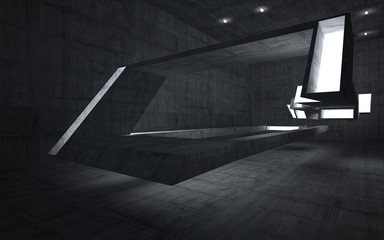 Empty dark abstract concrete room interior. Architectural background. Night view of the illuminated. 3D illustration and rendering