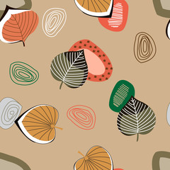 Seamless vector pattern with abstract stones and stylized leaves on earthy background
