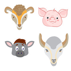 Set heads of animals in Doodle style on white background