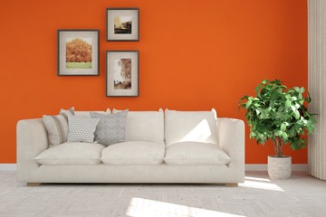 Orange room with sofa. Scandinavian interior design