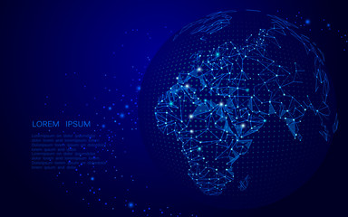 World map point, line, composition, representing the global, Global network connection,international. vector illustration blue black glowing.  Africa Europe continent view. Planet Earth Globe - obrazy, fototapety, plakaty
