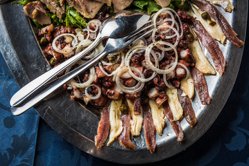 Seafood on steel plate