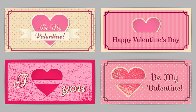 Valentine cards. Retro, vintage design backgrounds stripes, scratched and in the circle. Country style. Vector graphic.