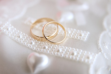 Wedding rings on a white lace pillow