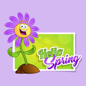Card hello spring with a cartoon flower