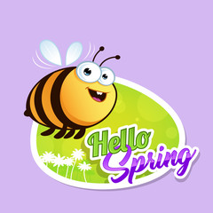 Card hello spring with a cartoon bee