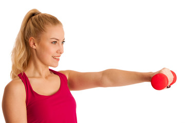 Cute young blond woman working out in fitness gym isolated over white background