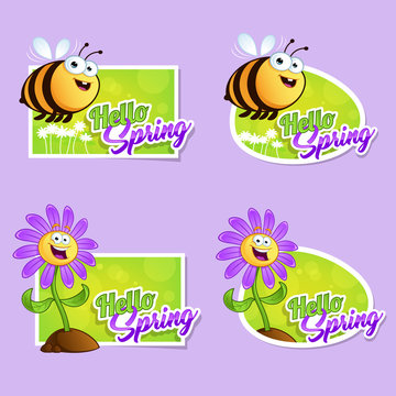 Set card hello spring with a cartoon bee and cartoon flower