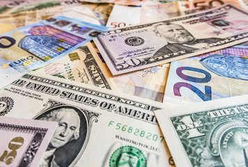Close-Up of american US dollars and euros