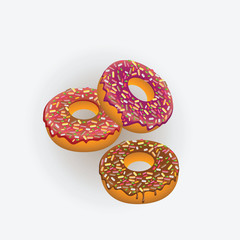 Donuts with chocolate and pink-purple glaze. Vector Image. Design for the menu, recipes, culinary presentations.