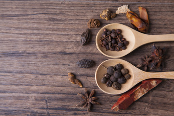 Herbal medicine and wood spoons on wood table with space for wording