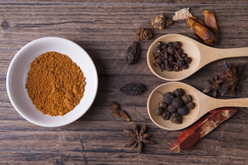 Herbal medicine with wood spoons and herbal powder on the wood table 