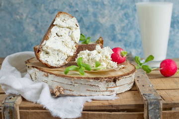 Bread with cream cheese, radish and chives