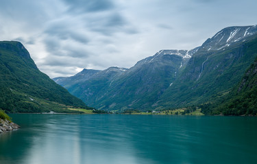 Naklejka na ściany i meble Oldevatnet fjord long exposure landscape, Norway.