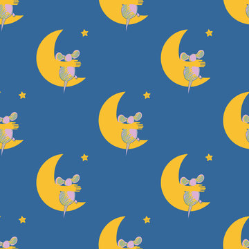 seamless pattern with cute mice and the moon that embraces him.