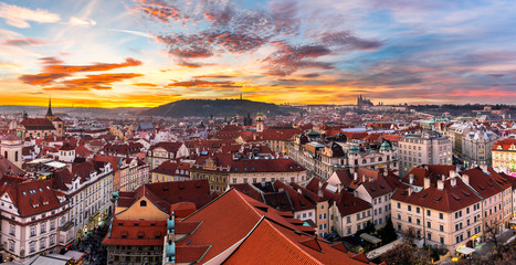 Fototapeta na wymiar Most mystical and mysterious city in Europe. Prague through the eyes of birds at sunset with fantastic sky