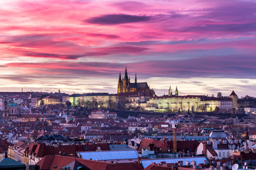 Naklejka premium Most mystical and mysterious city in Europe. Prague through the eyes of birds at sunset with fantastic sky