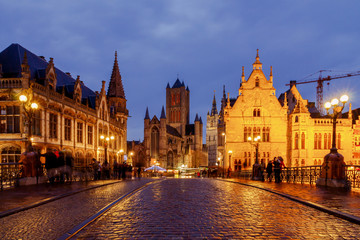 Fototapeta na wymiar Gent. View of the old city at night.
