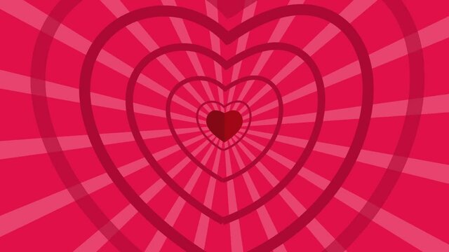Seamless Looping Red and Pink Heart Animated Background. Cartoon animation of Red hearts with sunburst background for your logo or text. Valentine day, love and romance background.
