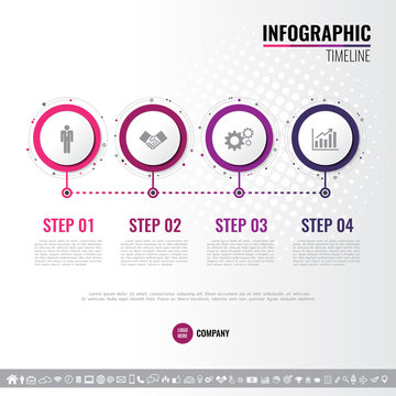 Vector illustration of Four steps, options or processes Timeline Infographics design template for website, presentation, brochure, workflow layout, diagram, annual report with icon set. 