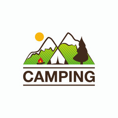 Obraz premium Camping and outdoor adventure logo. Color tourism emblem with a tent, campfire and mountain landscape.